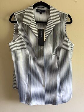 Jones New York White and Blue Sleeveless Striped Button-Down Shirt